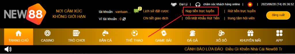Chọn chức năng nạp tiền trực tuyến Chọn chức năng nạp tiền trực tuyến