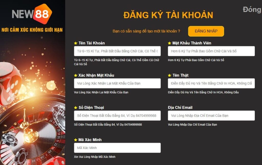 Hướng dẫn cách đăng ký NEW88 2 Điền thông tin đăng ký vào Form